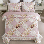 NEWLAKE Quilt Set King Size, Bedspread Sets Pink Botanical Floral, Reversible Quilt Bedding Set Lightweight and Breathable for All Seasons, Soft Quilted Bedspread with 2 Pillow Shams