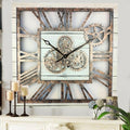 The Gears Clock 24'' Inch Square Real Moving Gear Wall Clock Vintage Industrial Oversized Rustic Farmhouse (White Farmhouse)