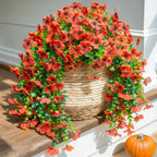 INSPRING Fall Fake Mums Artificial Flowers Hanging Decoration for Outdoors, 2Pcs Orange Daisy with Autumn Eucalyptus Leaves, Realistic Plants Decor, Silk Flower for Porch Patio Balcony Planter Yard