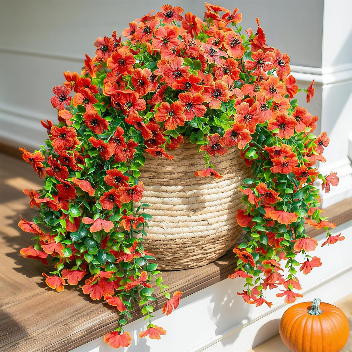 INSPRING Fall Fake Mums Artificial Flowers Hanging Decoration for Outdoors, 2Pcs Orange Daisy with Autumn Eucalyptus Leaves, Realistic Plants Decor, Silk Flower for Porch Patio Balcony Planter Yard