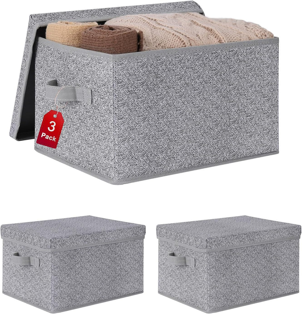 WUIKE Foldable Storage Bins with Lids, Storage Boxes with Handles, Closet Shelf Organizer, Fabric Storage Baskets for Bedroom, Decorative Storage Containers, Large, Ash Gray, 3-Pack