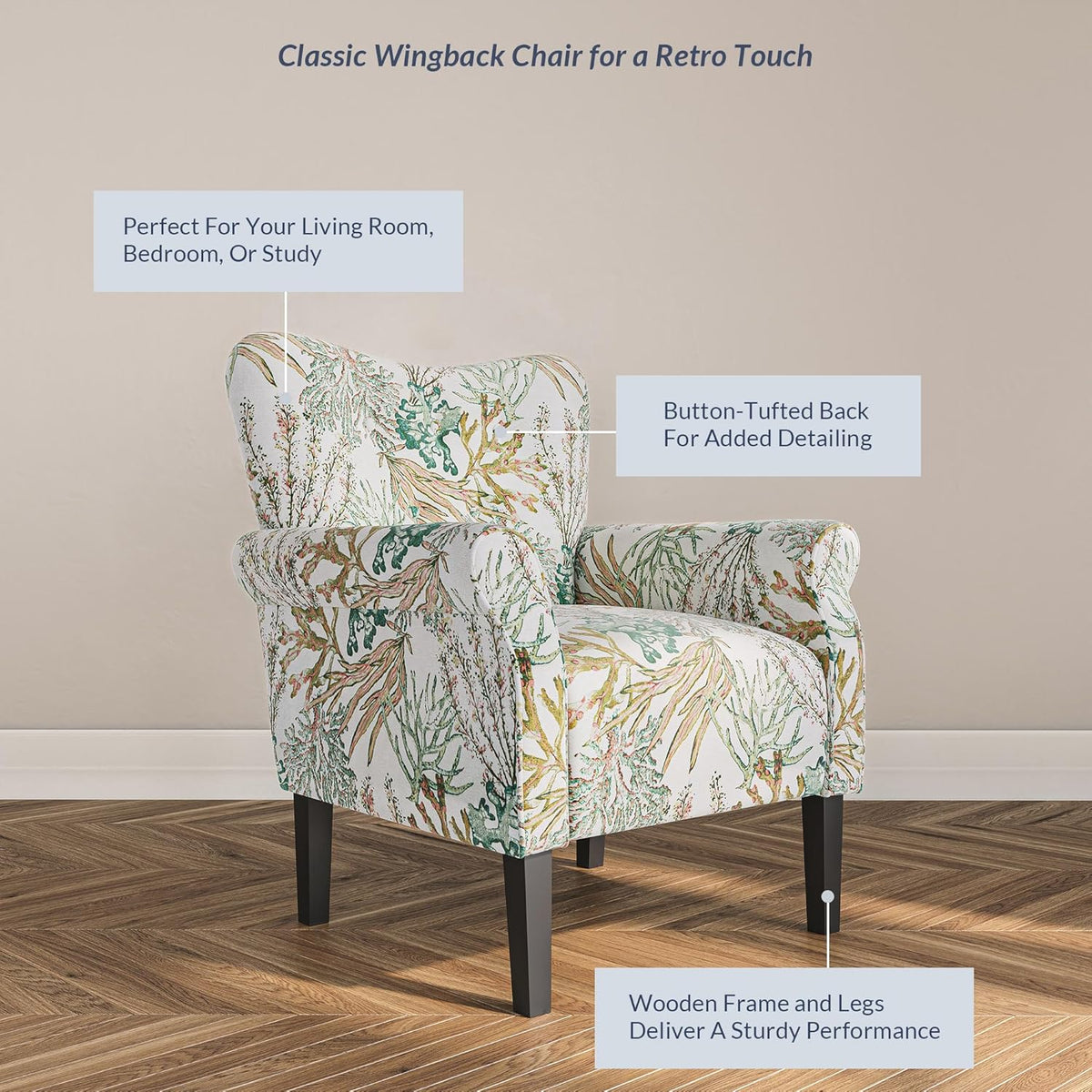 BELLEZE Modern Accent Chair for Living Room, High Back Linen Armchair with Wooden Legs, Upholstered Wingback Side Chair Padded Armrest Single Sofa for Living Room, Bedroom - Allston (Green Coral)