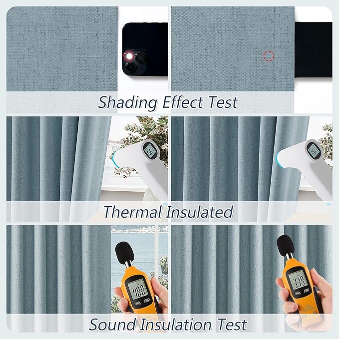 Blue 100% Blackout Linen Curtains 132 Inch Length 2 Panels Set - Image 4