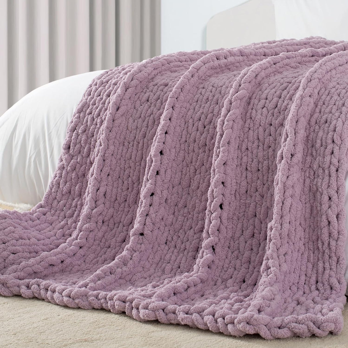 Carriediosa Chunky Knit Throw Blanket 50" X 60", 100% Hand Made Large Chenille Loop Yarn Soft Fluffy Throws for Couch Sofa Bed, Big Crochet Cozy Heavy Thick Cable Woven Blankets, Purple