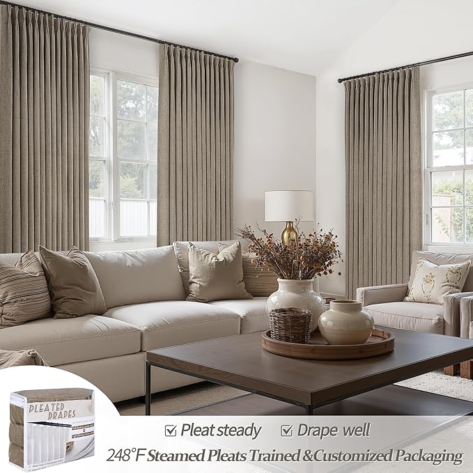 Pinch Pleated Light Filtering Dark Flax 60 Inch Wide Curtains 96 Inches Long - Image 6