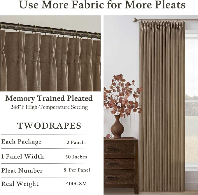 84 Inch Brown Dutch Cocoa Pleated Linen Light Filtering Curtains 2 Panels | - Image 2