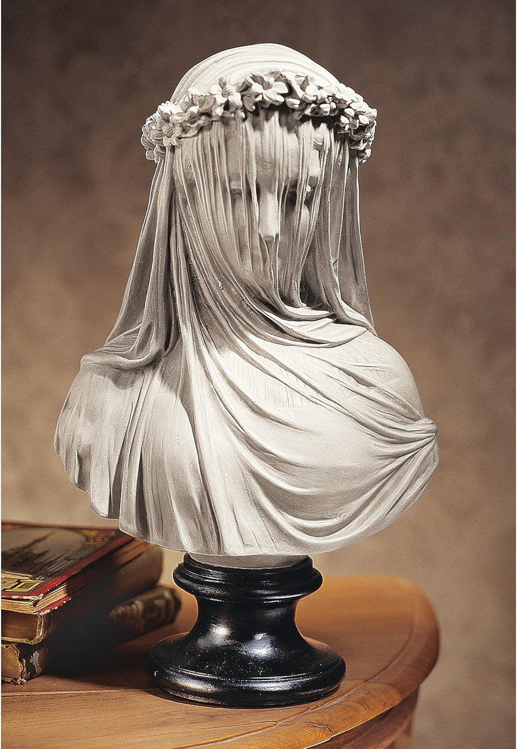 Design Toscano Veiled Maiden Indoor Bust Statue, 9 Inch Wide, 14 Inch Tall, Cast Stone Resin, Antiqued White Finish with a Black Painted Base