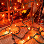 Orange Halloween Tree Lights with Green Wire,13ft 50 Incandescent Bulb Waterproof Fairy Lights，Plug in Mini String Lights for Christmas, Patio, Holiday, Party, Home, Indoor Outdoor Decor