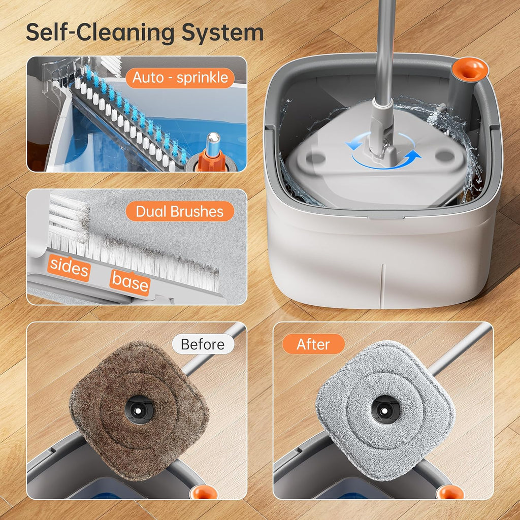 KZKR Spin Mop and Bucket Set with Self Separation Dirty and Clean Water System, Self Wringing 360° Rotating Square Mop Head for Home Floors Cleaning (1.0 Mop and Bucket Set (4 Pads))