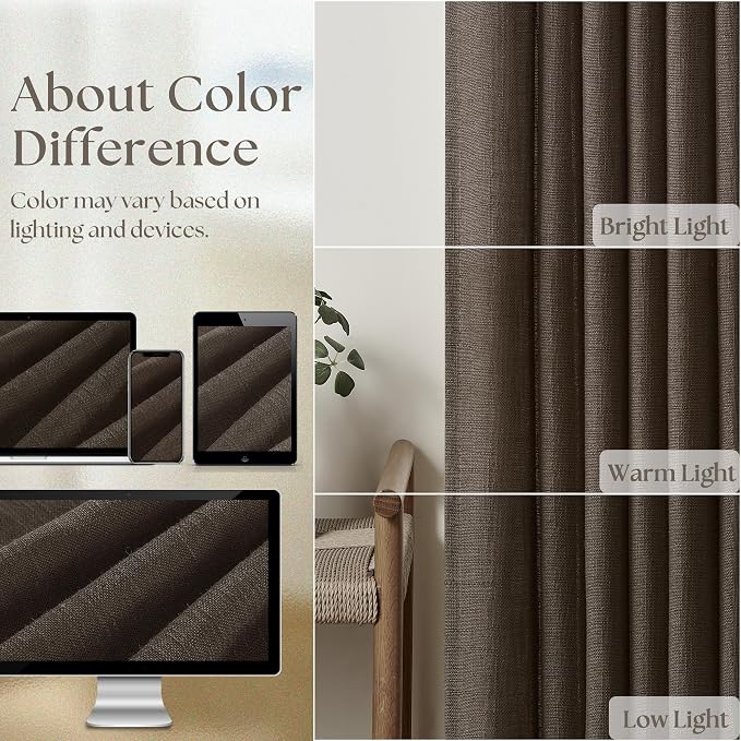 Dark Chocolate 96 Inch Pinch Pleated Semi Sheer Linen Curtains 2 Panels | - Image 4
