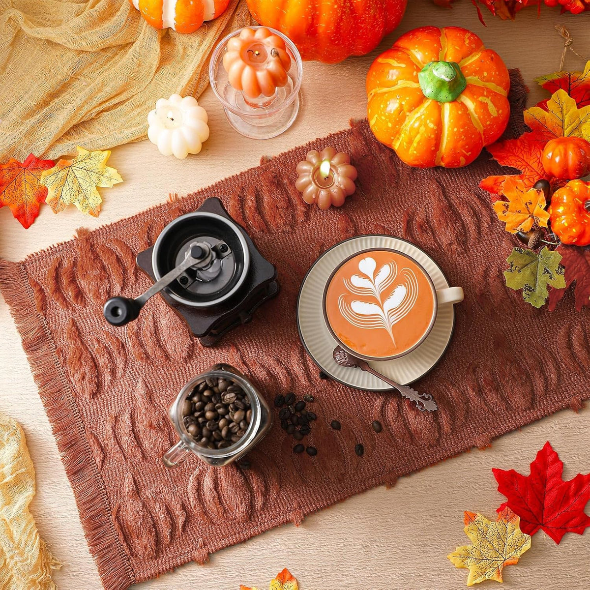 Nuanchu 4 PCS Rust Pumpkin Fall Placemats 13 x 19 Inch Autumn Harvest Soft Plush Faux Fur Wool Table Mats Thanksgiving Placemats for Party Kitchen Dining Decoration