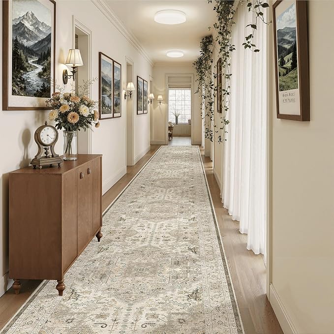 Madane Hallway Runner Rug 3x20 Washable Kitchen Runners 20ft, Ivory/Brown | - Image 2