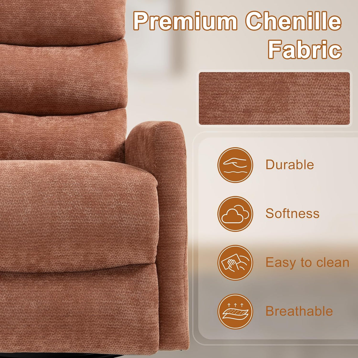 Manual Swivel Rocker Recliner Chair for Adults, Overstuffed Reclining Glider Chair for Nursing with Vibration Massage & Heat, Living Room Rocking Recliner 3-Stage backrest, Chenille Fabric Orange