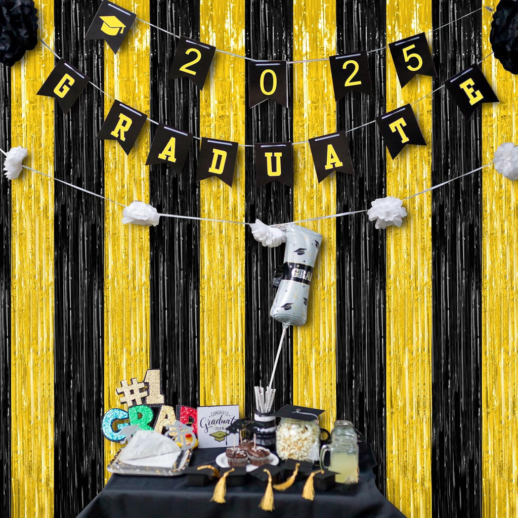 2 Pack Graduation Backdrop, 3.28 FT x 7.05 FT Black and Gold Foil Fringe Curtains, Metallic Foil Curtain Graduation Backdrop, Grad Party Supplies Black and Gold Party Decorations Class of 2025