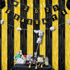 2 Pack Graduation Backdrop, 3.28 FT x 7.05 FT Black and Gold Foil Fringe Curtains, Metallic Foil Curtain Graduation Backdrop, Grad Party Supplies Black and Gold Party Decorations Class of 2025