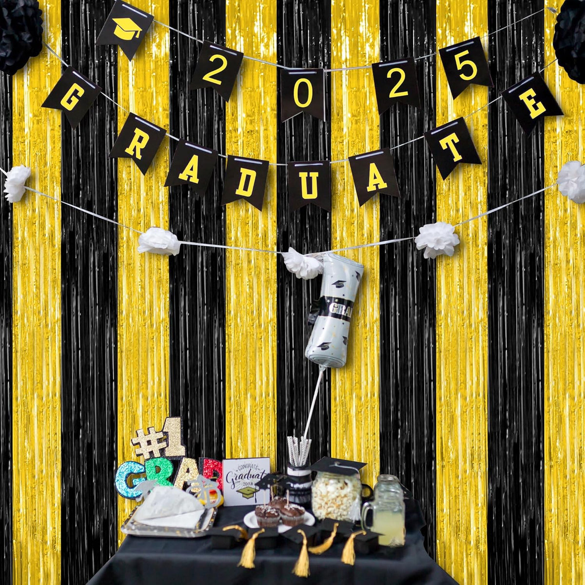 2 Pack Graduation Backdrop, 3.28 FT x 7.05 FT Black and Gold Foil Fringe Curtains, Metallic Foil Curtain Graduation Backdrop, Grad Party Supplies Black and Gold Party Decorations Class of 2025