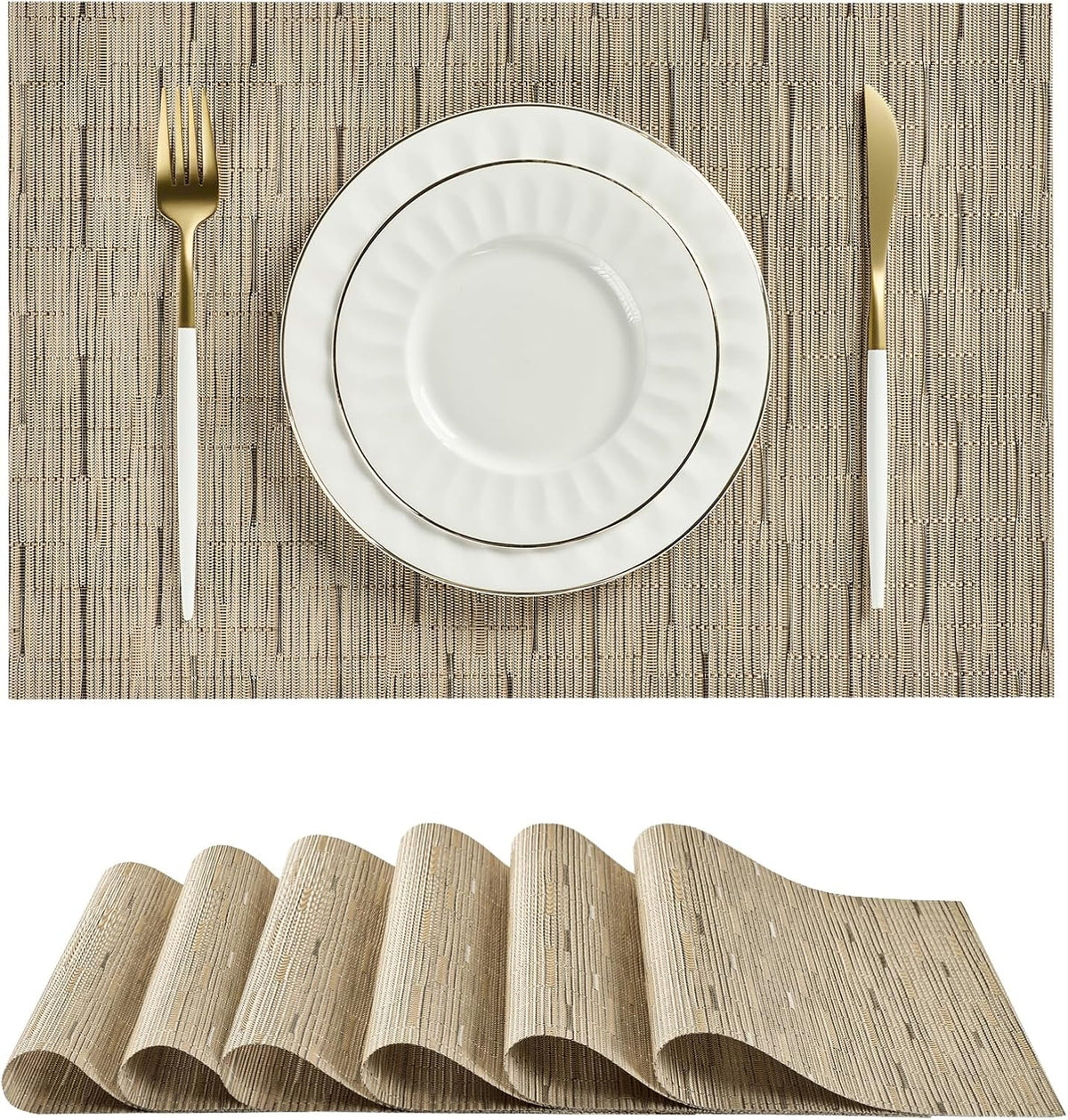 Leetaltree Light Brown Placemats Set of 6 - Heat Resistant Non-Slip Place mats for Dining Table, Washable Durable PVC Vinyl Woven Table Mats（Light Brown, 6）
