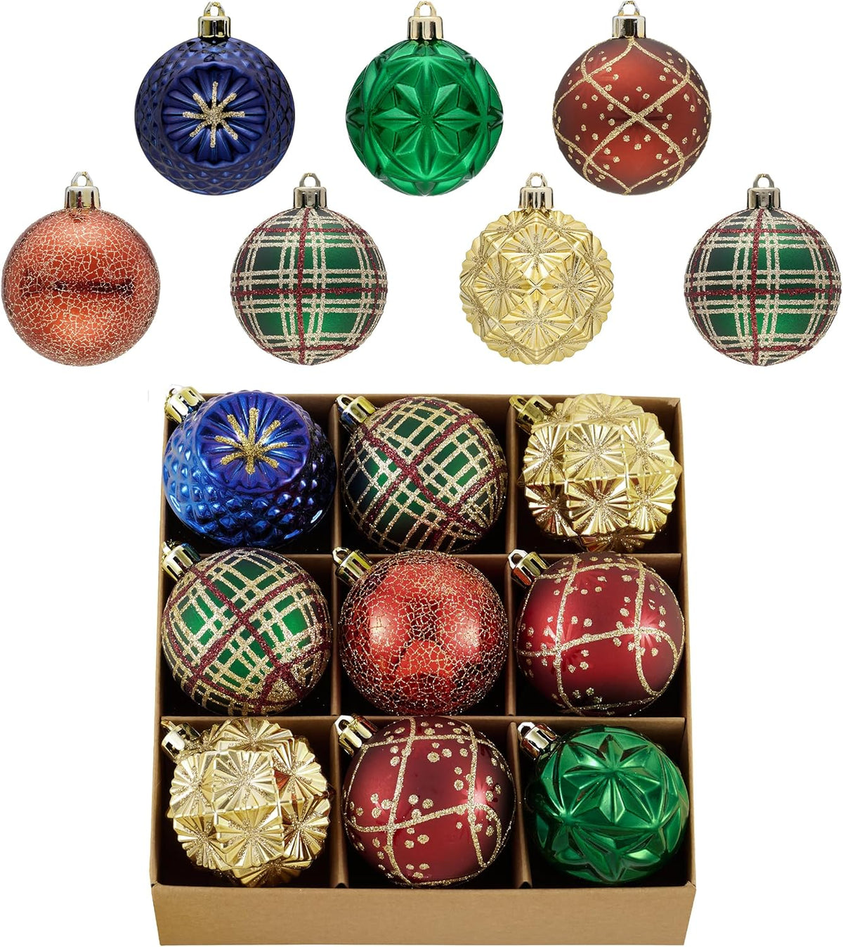 Valery Madelyn Ornaments for Christmas Trees, 9ct 2.36 Inches Red Green and Gold Shatterproof Christmas Tree Decorations, Luxury Hanging Ball Ornaments for Xmas Holiday Party Decor
