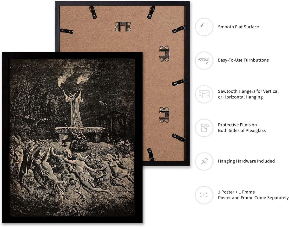 Poster Master Vintage Gustave Dore Poster - Retro Illustration Print - Gift for Gothic, Horror Fan - Dance of Sabbath, Witch, Magic, Spell - Wall Decor for Bedroom, Dorm, 16x20 Black Framed