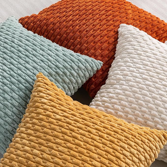 Set of 4 Yellow Rust Aqua Decorative Throw Pillow Covers 26x26 Inch Corduroy - Image 4