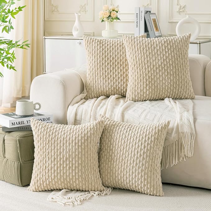 Set of 4 Beige Decorative Throw Pillow Covers 18x18 Inch Corduroy Pillow Covers by Cozoomy