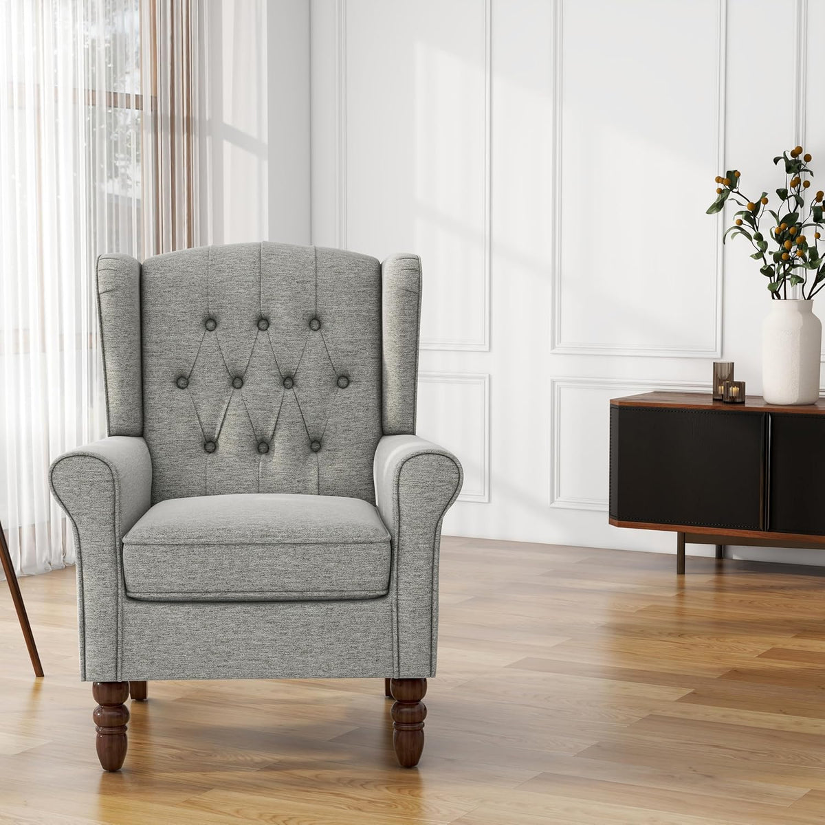 UIXE High Back Accent Chair, Upholstered Armchair in Fabric, Retro Wingback Arm Chair for Living Room, Comfy Single Sofa Bedroom Reading Seat with Solid Wood Legs - Light Gray