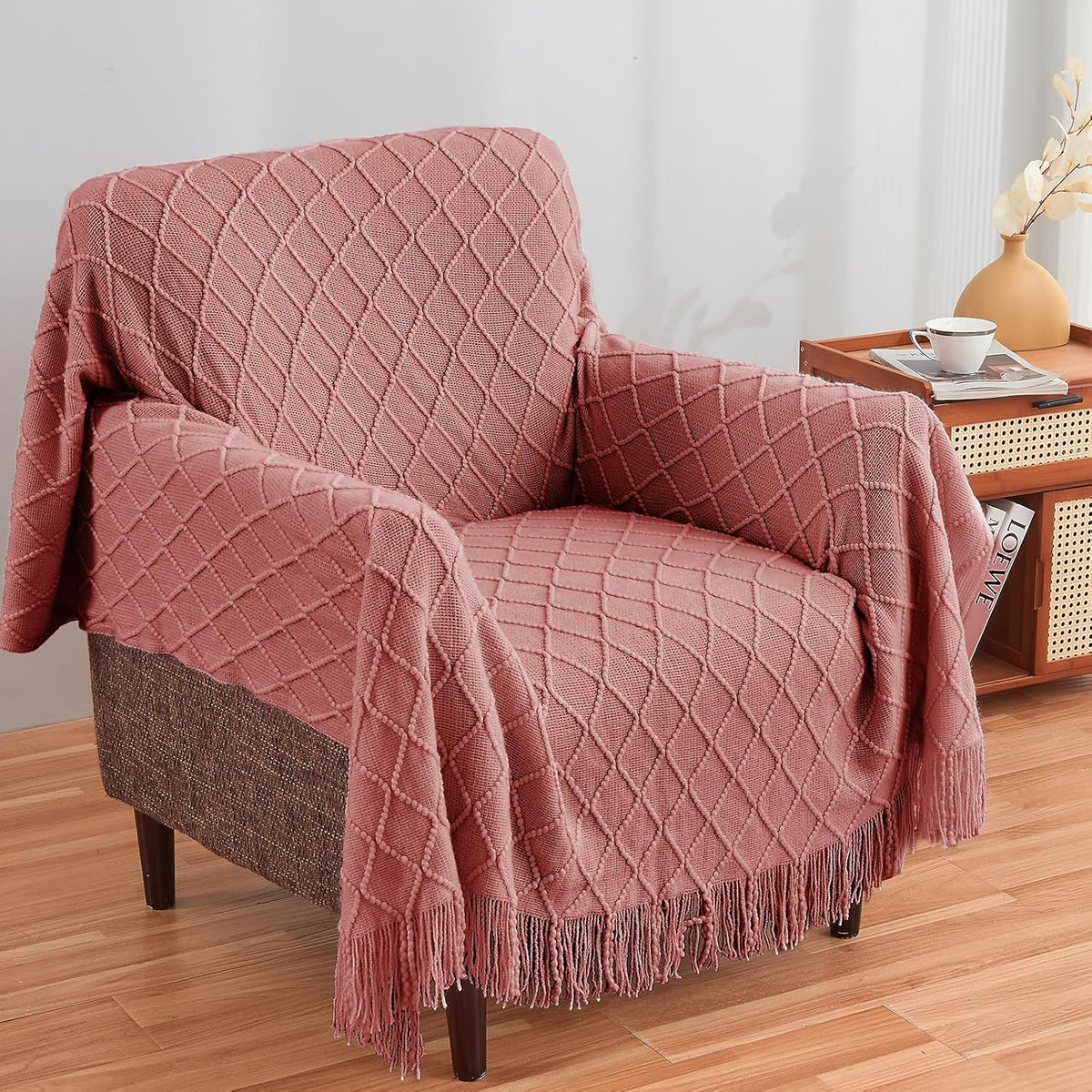 InHand Knitted Throw Blanket for Couch and Bed, Soft Cozy Knit Blanket with Tassel, Coral Pink Lightweight Decorative Throw, Farmhouse Warm Woven Throw for Men and Women, 50"x60"