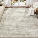 Washable Area Rugs for Living Room -9x12 Neutral Vintage Distressed Floral Farmhouse Boho Large Soft Floor Rug Indoor Non Slip Carpet for Living Room Bedroom Dining Room Office - Beige