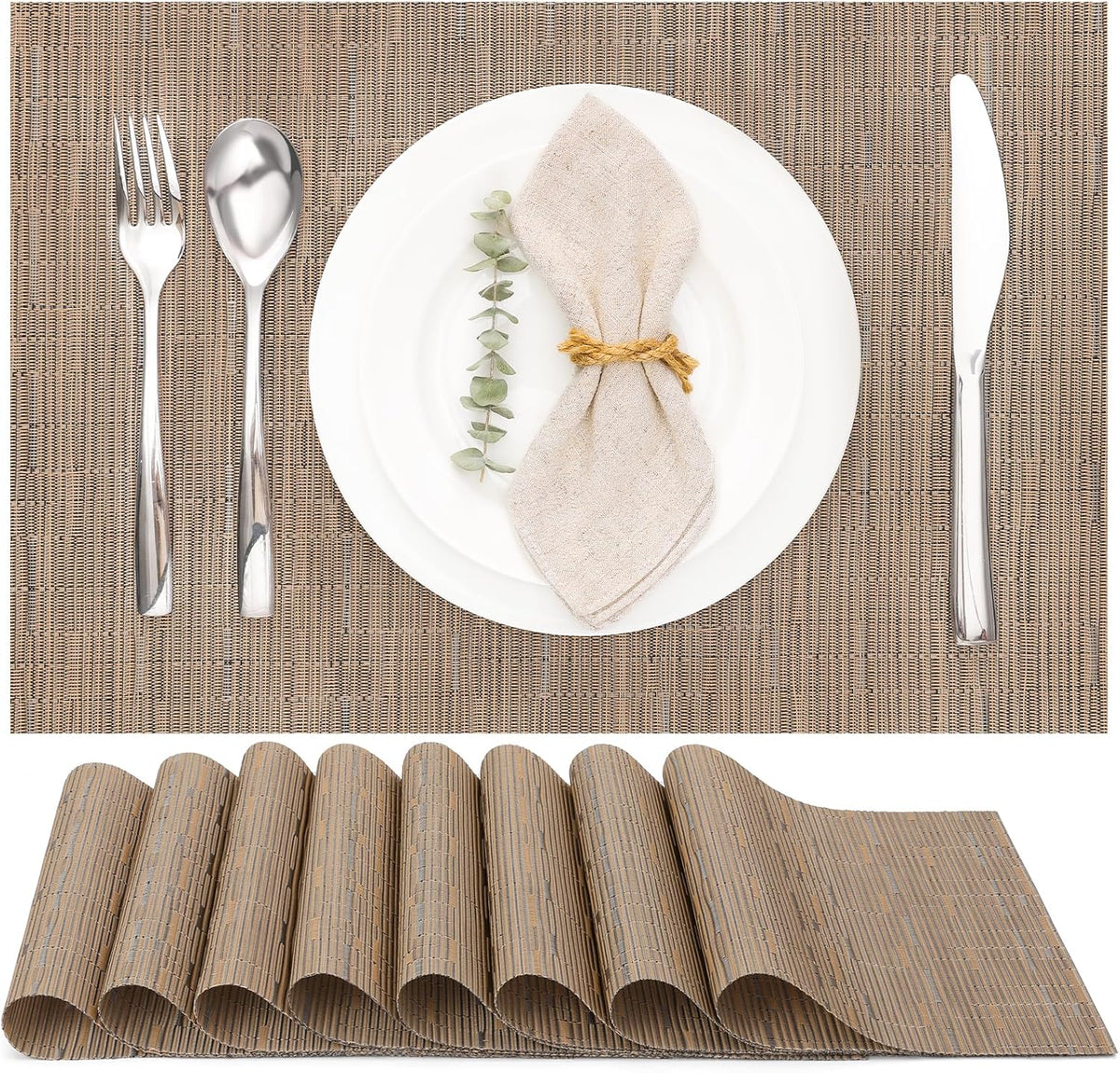 Myir JUN Placemats Set of 8, Vinyl Woven Placemats Place Mats Indoor Set of 8 Washable Table Mats Non-Slip Place mats for Dining Table (Light Brown, Set of 8)