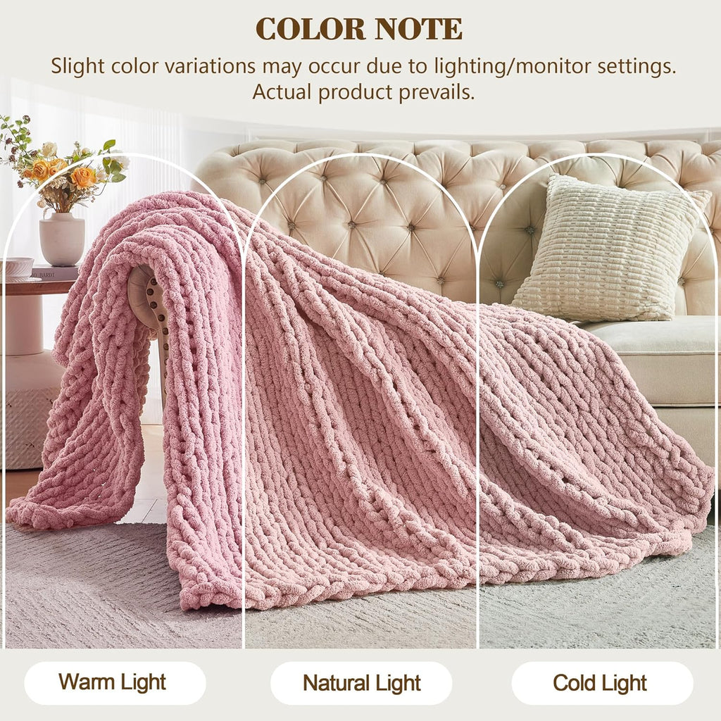 Carriediosa Chunky Knit Throw Blanket 50" X 60", 100% Hand Made Large Chenille Loop Yarn Soft Fluffy Throws for Couch Sofa Bed, Big Crochet Cozy Heavy Thick Cable Woven Blankets, Dusty Pink