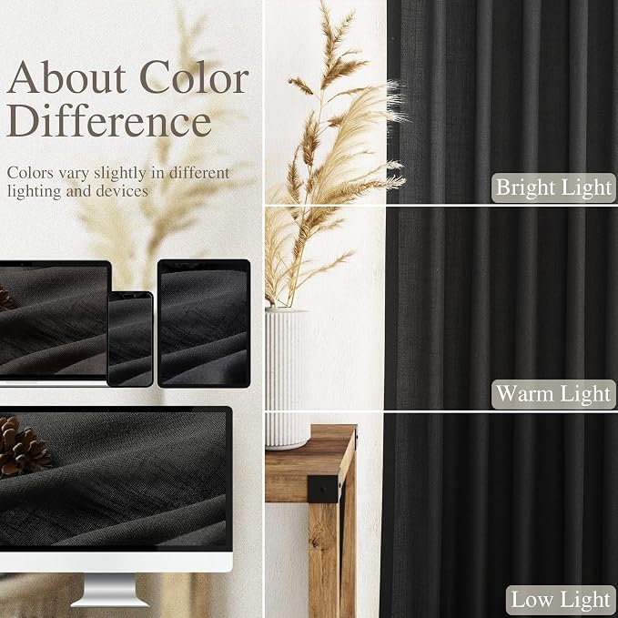 Black Large Window Curtains Light Filtering Semi Sheer Privacy Linen Textured - Image 4