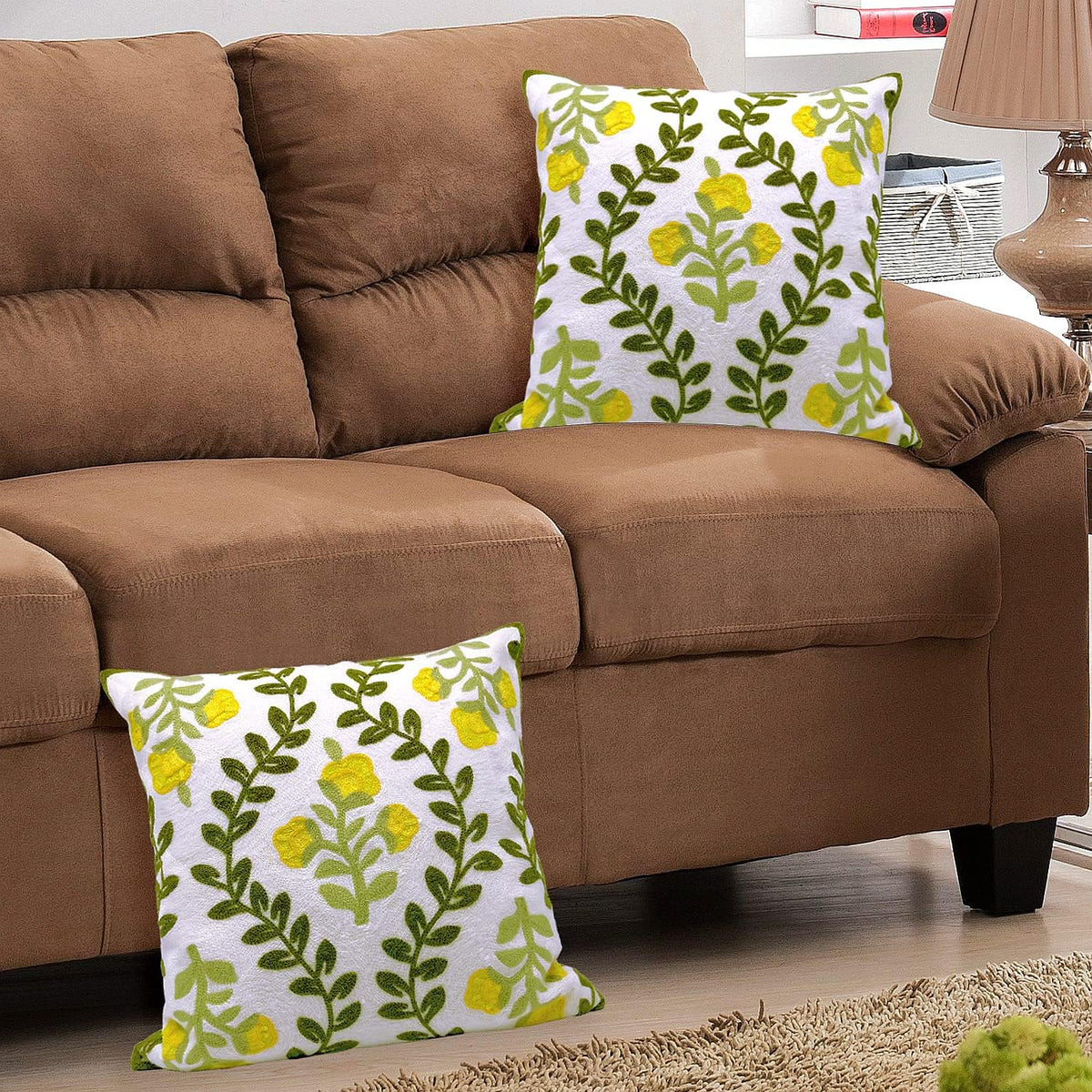 Alysheer Floral Embroidered Summer Decorative Throw Pillow Cover 18"x 18" Set of 2, Farmhouse Cottage Yellow Flower Green Leaves Patterned Cotton Cushion Case for Couch Bed Living Room Outdoor Decor