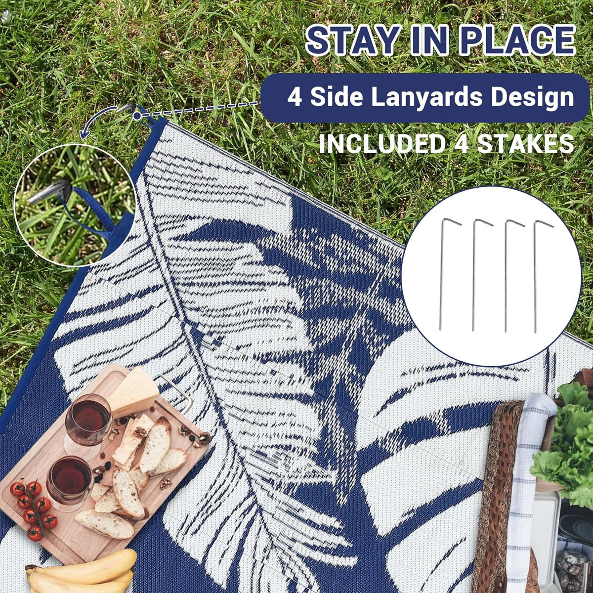 GAOMON Large Outdoor Plastic Rug 10x14 Waterproof Straw Rug Reversible Foldable Camping Mat with Stakes & Bag, Modern Tropical Leaf Farmhouse Outside Carpet for Patio RV Garden Deck, Blue