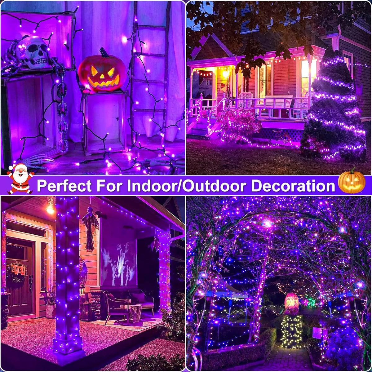 Purple Halloween Lights Outdoor, 100FT 300 LED Halloween String Lights with 8 Modes Waterproof, Plug in Green Wire Twinkle Tree Light for Indoor House Patio Garden Party Decorations
