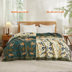 Boho Throw Blanket for Bed 90”x98”, 100% Cotton Woven Blanket for Couch Sofa, Ultra Soft 4-Layer Muslin Quilt with Bird Floral Printed, Farmhouse Bed Blanket/Cover for Living Room Decor