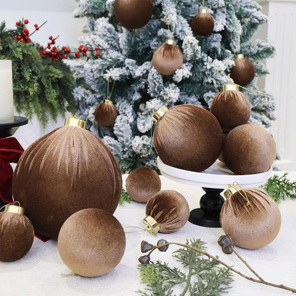 6inch Big Velvet Christmas Ornaments, 2pcs Flocked Ornaments Balls Sets for Christmas Tree Decorations Light Coffee