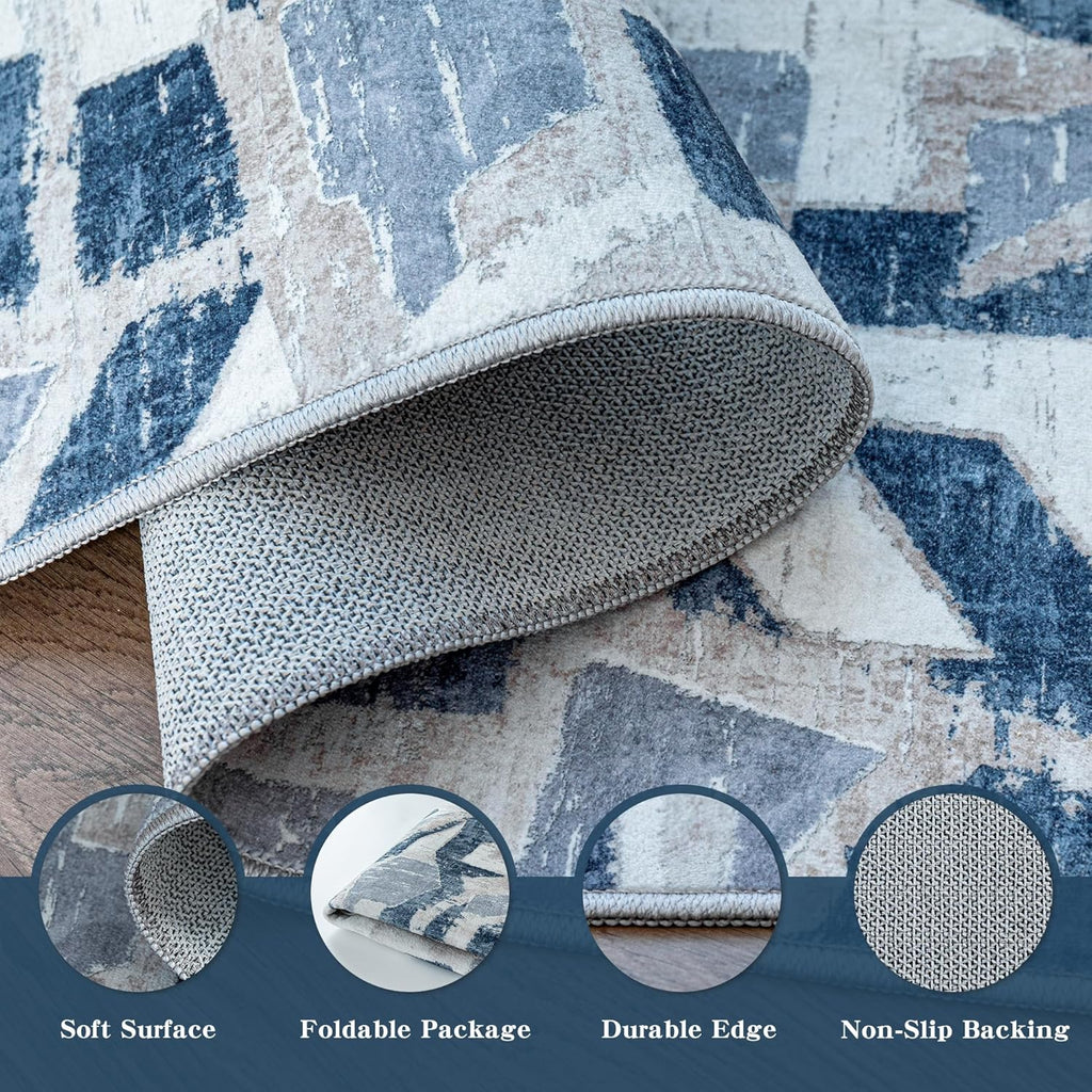 Modern Abstract Blue 5X7 Area Rug for Living Room Bedroom Washable, with Non-Slip Rubber Backing Print Faux Wool Thin, Throw Large Carpet for Kids Playroom Dining Room Pet & Child Friendly