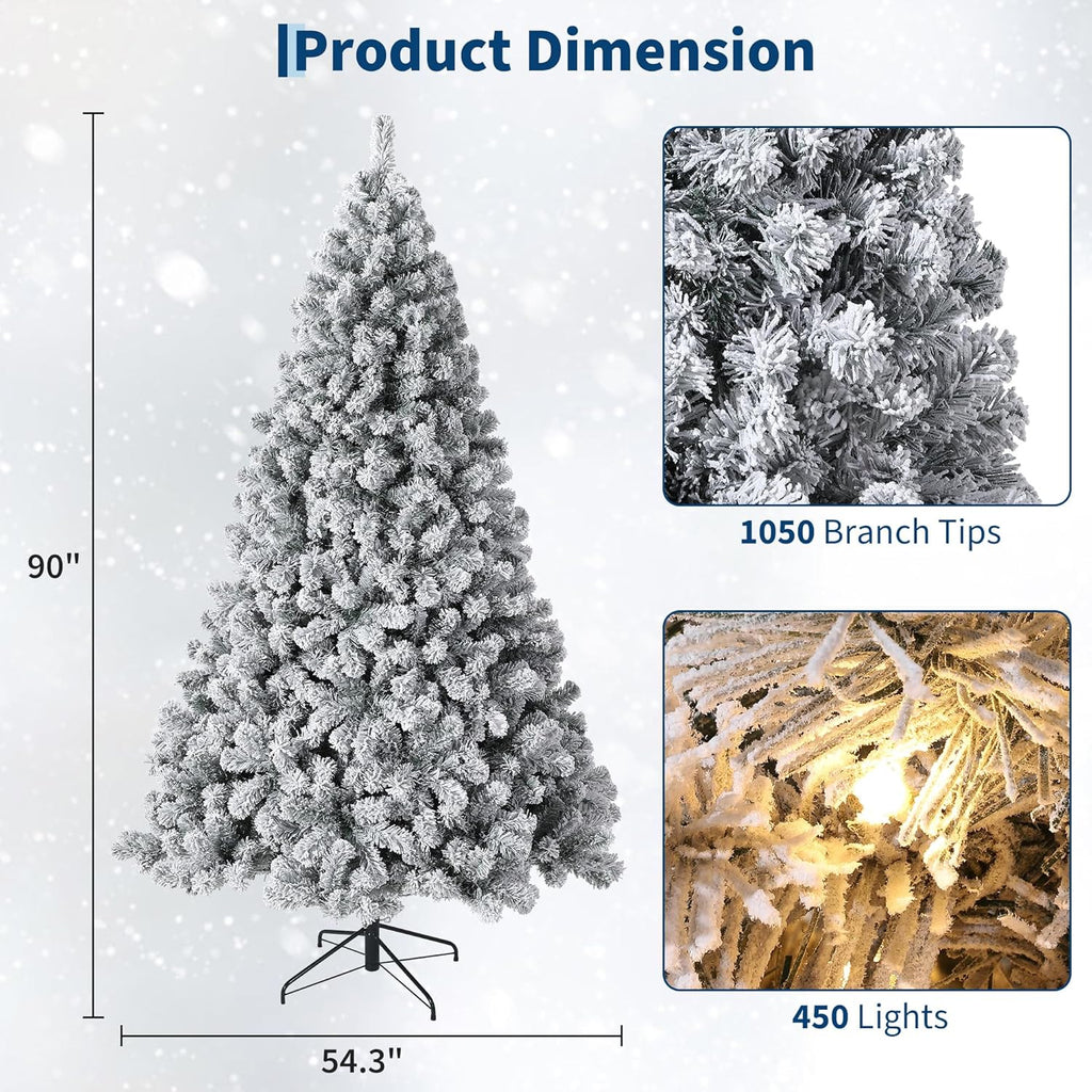 GarveeHome 7.5ft Prelit Artificial Christmas Tree with Warm White Lights, Snow Flocked Full Xmas Tree with 1050 Branch Tips, 450 LED Lights & Foldable Stand, Green & White Christmas Decorations