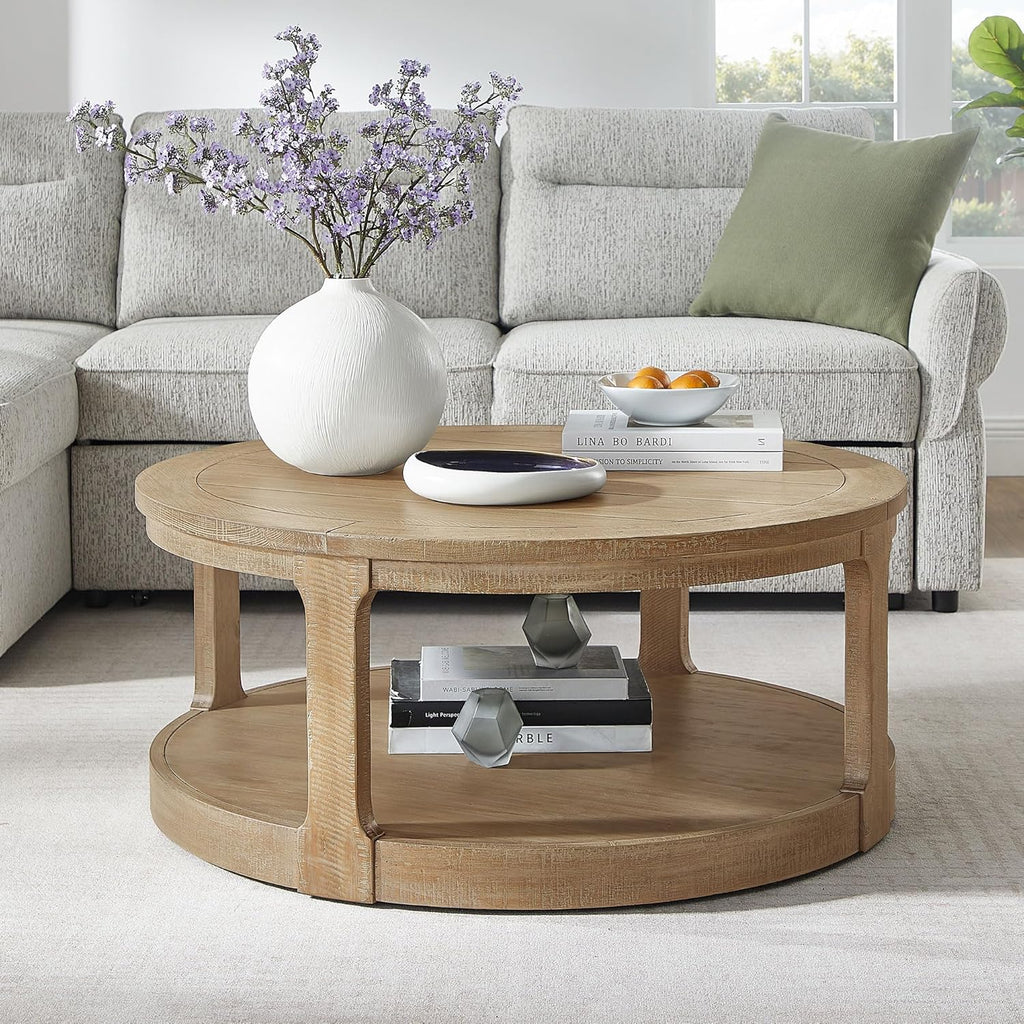 WILLIAMSPACE 40" Round Coffee Table with Wheels, Circle 2 Tier Solid Wood Center Coffee Table, Mid Century Retro Farmhouse Rounded End Table for Living Room Apartment, ø40 x 17.52" H (Light Brown)