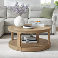WILLIAMSPACE 40" Round Coffee Table with Wheels, Circle 2 Tier Solid Wood Center Coffee Table, Mid Century Retro Farmhouse Rounded End Table for Living Room Apartment, ø40 x 17.52" H (Light Brown)