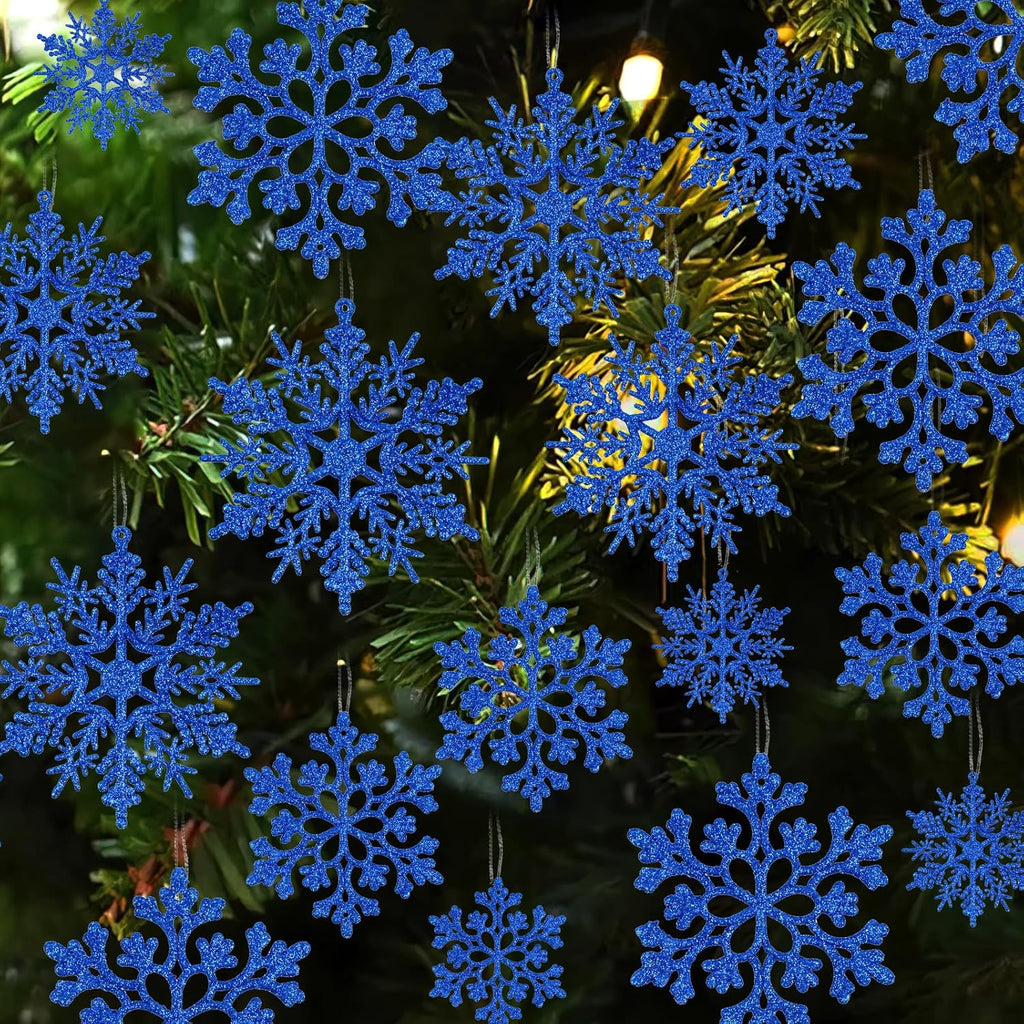 36pcs Christmas Navy Blue Snowflake Ornaments Plastic Glitter Snow Flakes Ornaments for Winter Christmas Tree Decorations Size Varies Craft Snowflakes