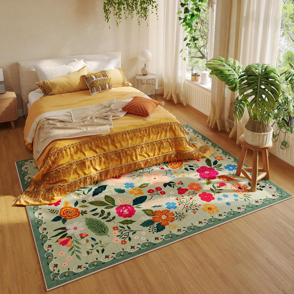 Living Room Rug 6x9 Rug Machine Washable Boho Area Rug Non Slip Floral Vintage Low Pile Large Rug for Living Room, Bedroom, Farmhouse, Dining Room, Kids Playroom(Green)