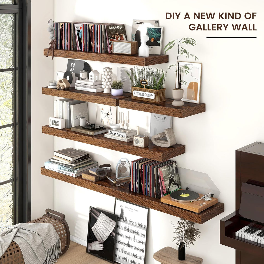 Floating Shelves - 2 Large Wall Mounted Shelves with Invisible Brackets, Long Wood Floating Wall Shelf for Living Room, Bedroom, Kitchen (Brown, 48" W x 9" D x 1.5" H)