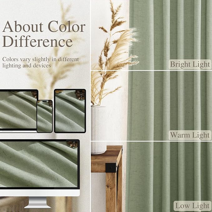 Light Sage Linen Curtains for Living Room 63 Inches Long 2 Panel Set Light - Image 3