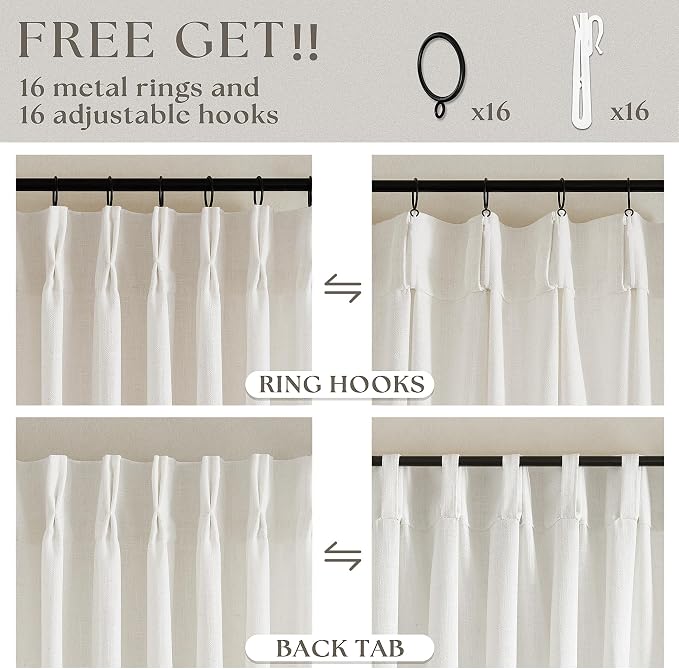 Natural Cream Linen Cafe Curtains 24 Inch Length Pinch Pleated 2 Panels Set | - Image 5