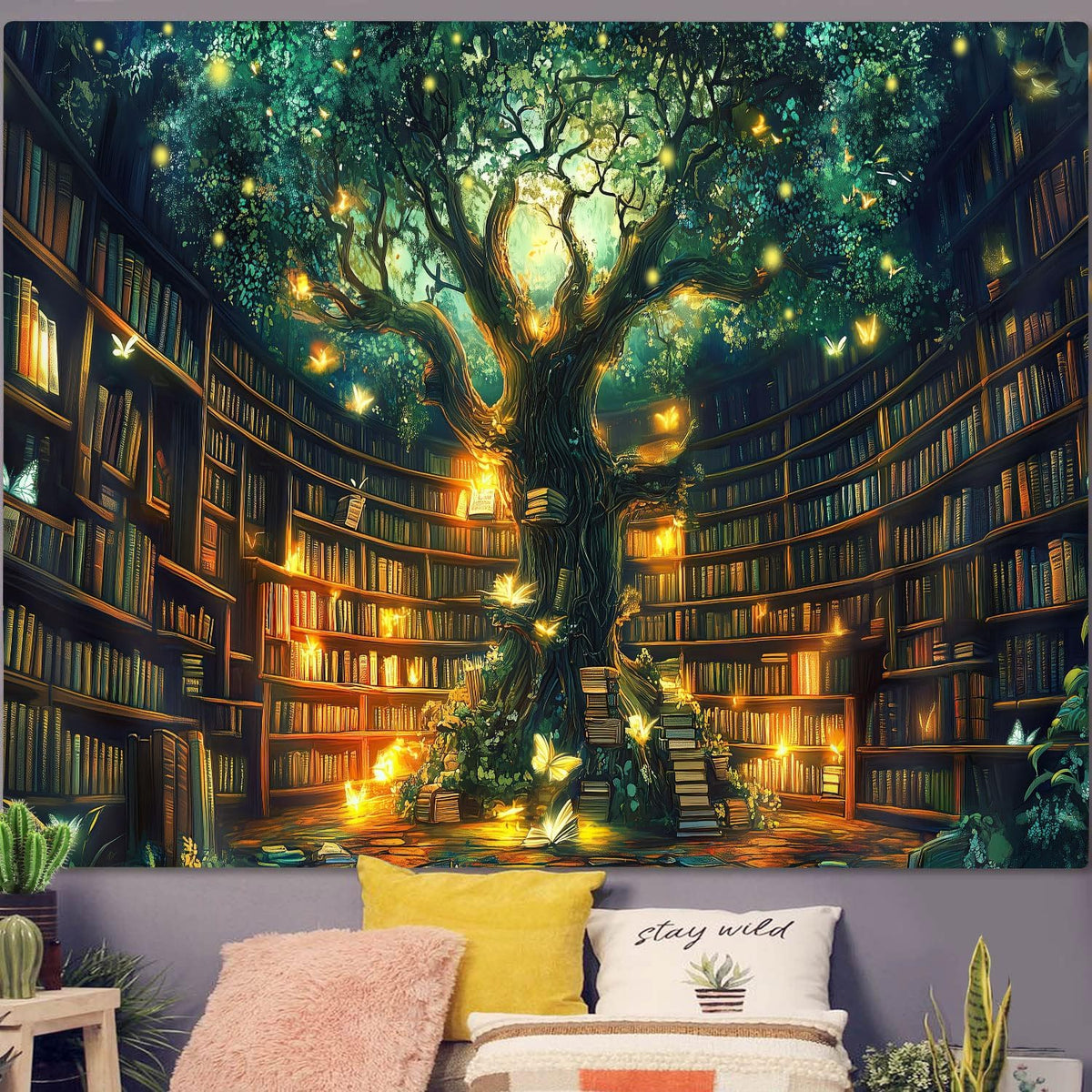 Fantasy Library Tapestry, Fairytale Tree Magic Bookshelf Aesthetic Tapestries for Classroom, Witchy Fairy Tree Mysterious Vintage Bookshelf Book Art Tapestry Wall Hanging College Room Bedroom, 60X40
