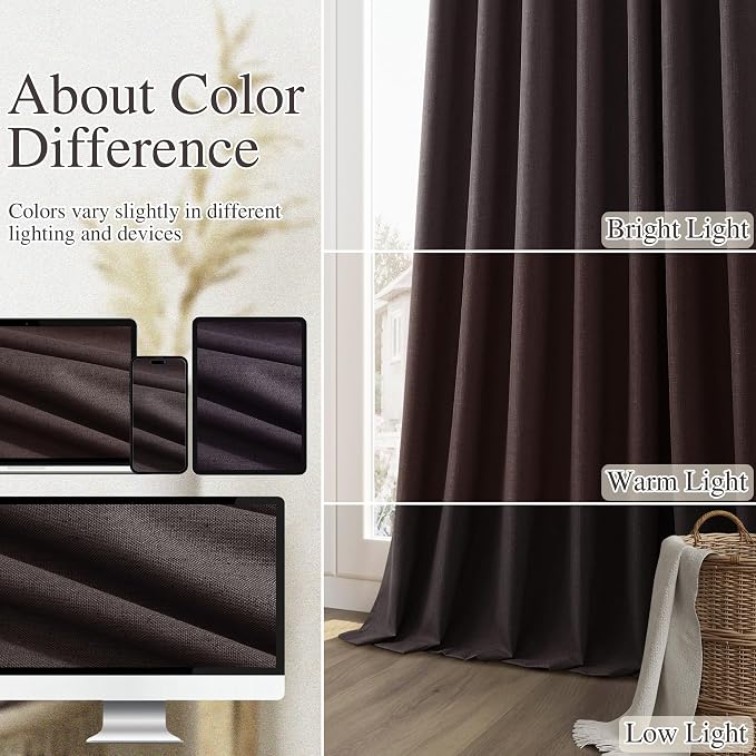 Cocoa Coffee 100% Blackout Linen Curtains 120 Inch Length 2 Panels Set - Image 7