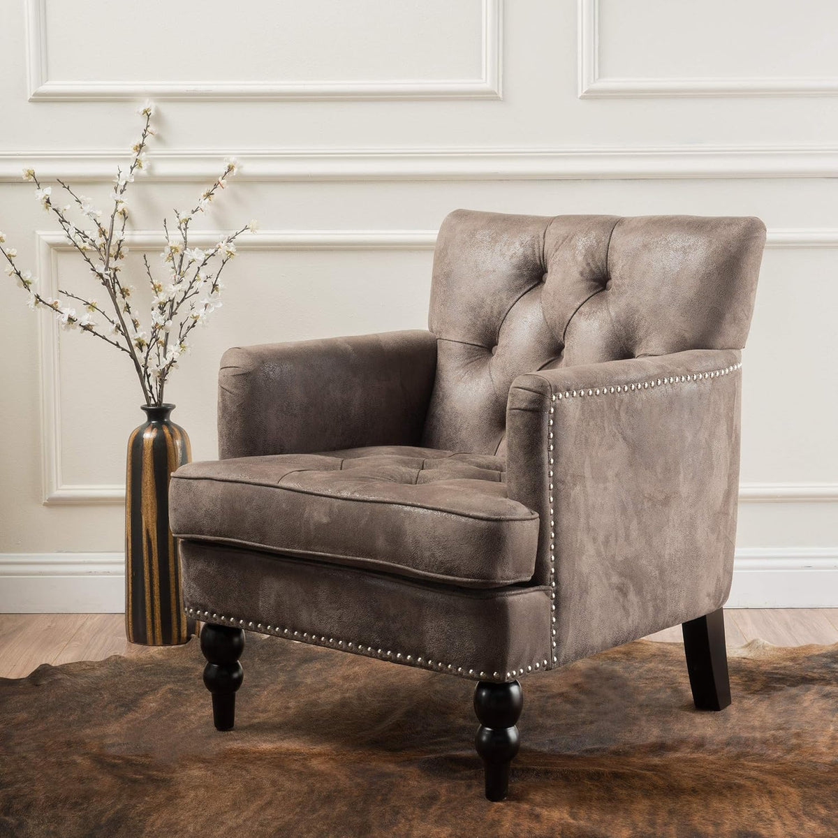Christopher Knight Home GDFStudio Medford Brown Tufted Club Chair, Fabric Accent Chair with Studded Nailhead Accents