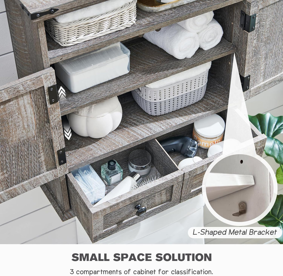 Bathroom Wall Cabinet, Farmhouse Medicine Cabinet, 24" Wide Cabinet with Drawer, Adjustable Shelf, Double Barn Doors, Storage Cabinet for Bathroom, Kitchen, Living Room, Grey Wash