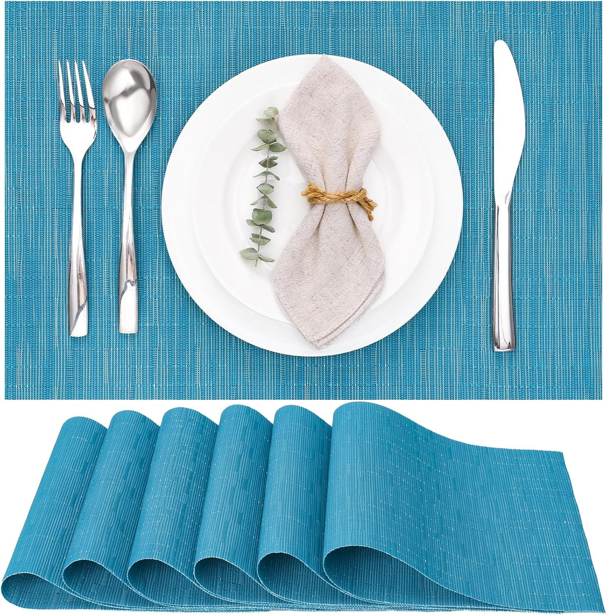 Myir JUN Placemats Set of 6, Vinyl Woven Placemats Place Mats Indoor Washable Table Mats Non-Slip Place mats for Dining Table (Blue, Set of 6)